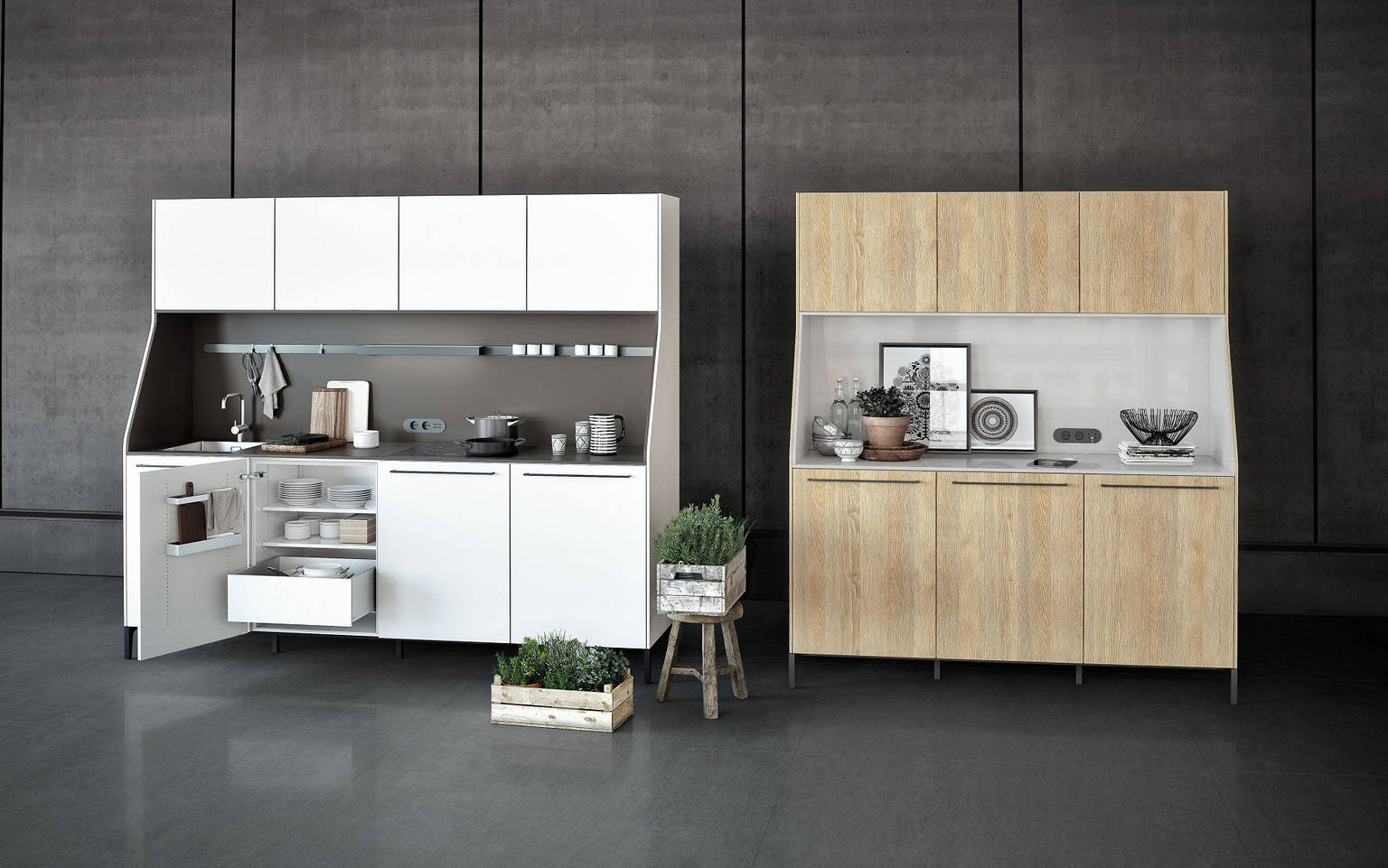 SieMatic 29 kitchen sideboard from the Urban style collection in lotus white and provence oak with sink, stovetop and electrical outlets