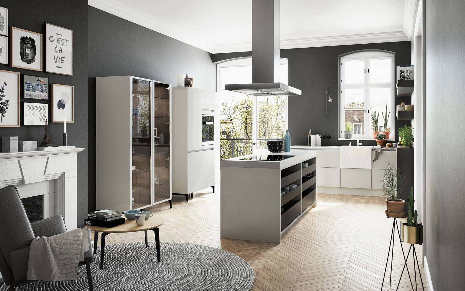 SieMatic Urban S2 SE in sterling grey with kitchen island, glass display and tall cabinets