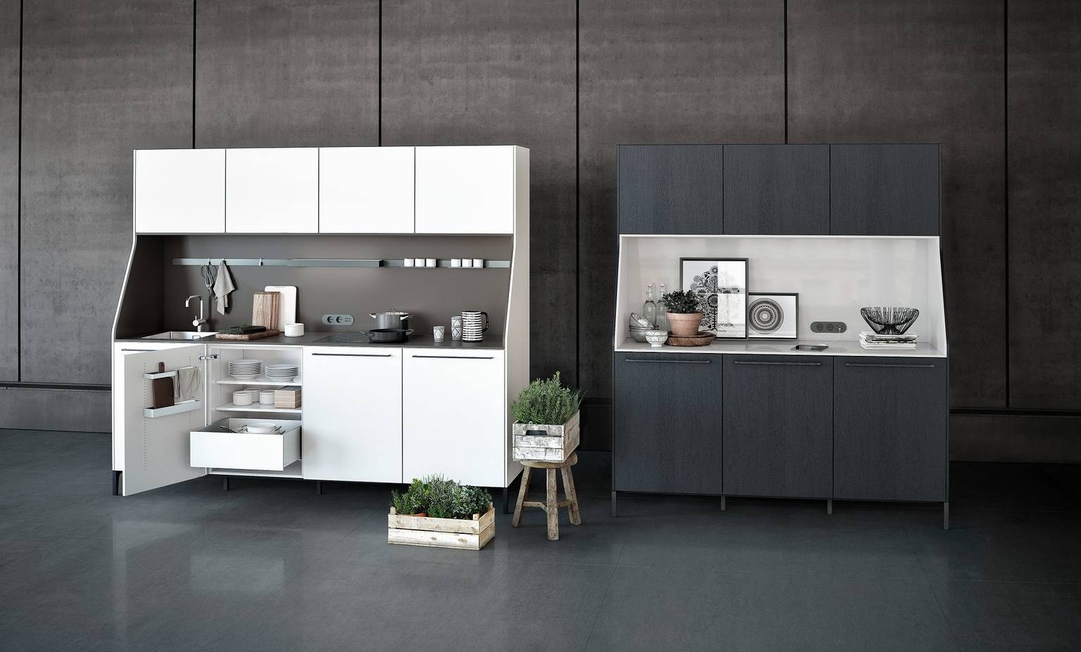 SieMatic 29 kitchen sideboard in lotus white and black matte oak with accessory railing, outlets and lighting